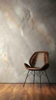 image of a modern Chair with space for text and textured wooden wall background and marbled floor, vertical format, background image, generative AI photo