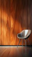 image of a modern Chair with space for text and textured wooden wall background and marbled floor, vertical format, background image, generative AI photo