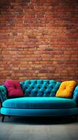 image of a beautiful vibrant colored sofa with space for text and textured vibrant brick wall background, vertical format, background image, generative AI photo