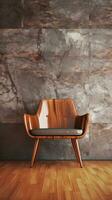 image of a modern Chair with space for text and textured wooden wall background and marbled floor, vertical format, background image, generative AI photo