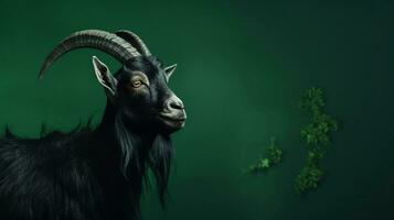 a black goat on a green textured background with space for text on the side, background image, generative AI photo