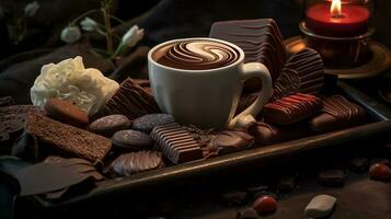 An image pairing exquisite chocolates with a cup of freshly brewed coffee or hot cocoa, background image, generative AI photo