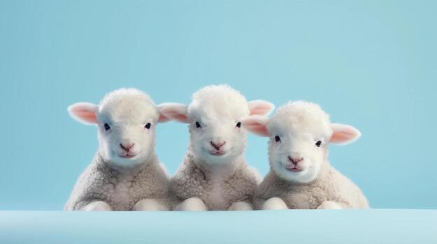 cute baby sheeps on a light blue background with space for text on the left side, background image, generative AI photo