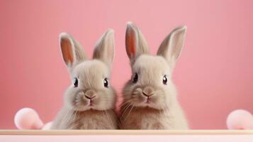 cute easter bunnies on a light red background with space for text on the side, background image, generative AI photo