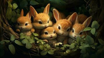 cute bunnies identical cute bunnies playing together and squeezing each other and squinting, background image, generative AI photo