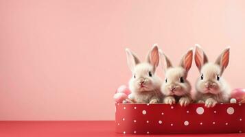 cute easter bunnies on a light red background with space for text on the side, background image, generative AI photo