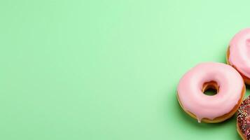 delicious donuts on a light green background with space for text on the side, background image, generative AI photo