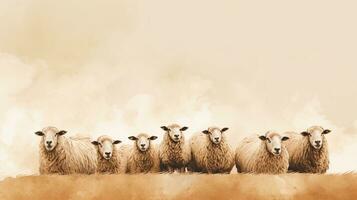 herd of sheeps on a light brown background with space for text on the side in watercolor style, background image, generative AI photo