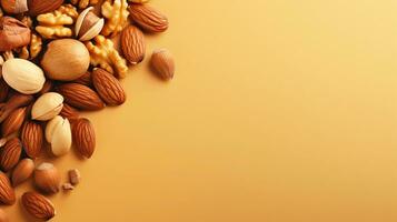 nuts on a light brown background with space for text on the side, background image, generative AI photo