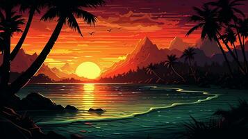 musical tropical vector illustration of sunset on the beach, background image, generative AI photo