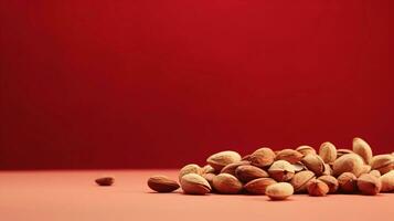 nuts on a light red background with space for text on the side, background image, generative AI photo