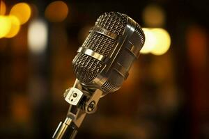 close up of a chrome condenser microphone on stage photo