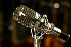 close up of a chrome condenser microphone on stag photo