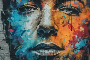 colorful graffiti portrait fresco on grungy stree photo