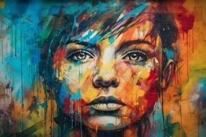 colorful graffiti portrait fresco on grungy stree photo