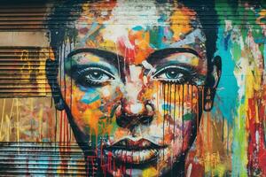 colorful graffiti portrait fresco on grungy stree photo