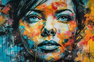 colorful graffiti portrait fresco on grungy stree photo