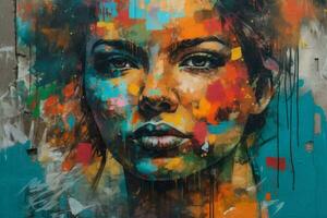 colorful graffiti portrait fresco on grungy stree photo