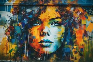 colorful graffiti portrait fresco on grungy stree photo