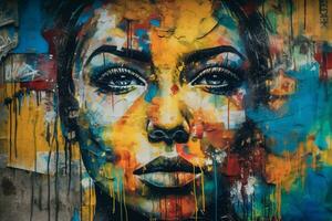 colorful graffiti portrait fresco on grungy stree photo