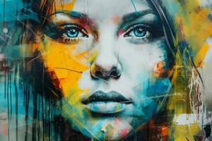 colorful graffiti portrait fresco on grungy stree photo