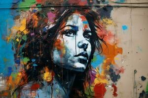 colorful graffiti portrait fresco on grungy stree photo