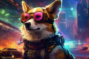 corgi dog cyberpunk night photo