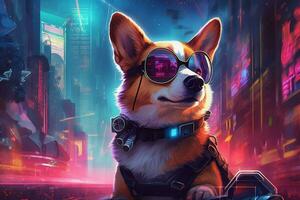 corgi dog cyberpunk night photo