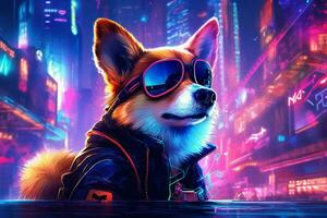 corgi dog cyberpunk night photo