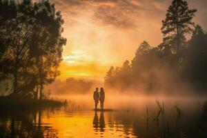 couple lake sunrise morning photo