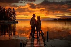 couple looking lake sunset photo