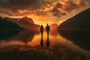 couple mountain lake sunset photo