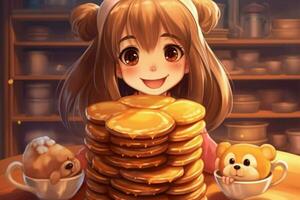 linda kawaii niña con panqueques comida foto