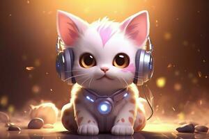 linda kawaii gato con auriculares foto