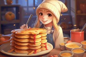 cute kawaii girl with pancakes food photo