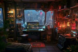 cyberpunk apartment interior photo