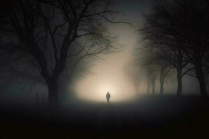 oscuro silueta en pie en niebla caminando solo fuera foto