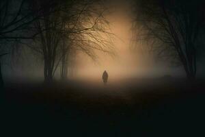oscuro silueta en pie en niebla caminando solo fuera foto