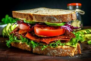 delicioso vegano emparedado con un crujiente textura un foto