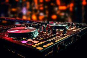 dj equipment in a club with a blurred background photo