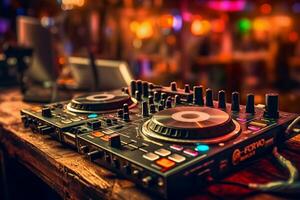 dj equipment in a club with a blurred background photo