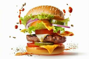 ealistic Burger with flying separated ingredients photo