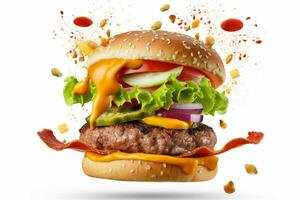 ealistic Burger with flying separated ingredients photo