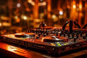 dj equipment in a club with a blurred background photo