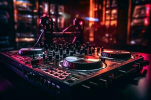 dj equipment in a club with a blurred background photo