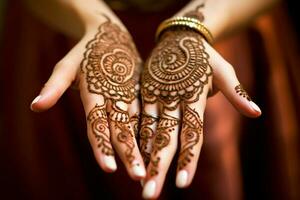 elegant bride henna adorning hand and beauty photo