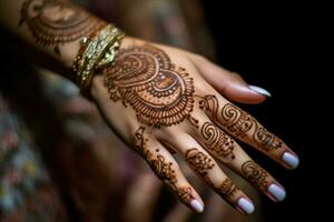 elegant bride henna adorning hand and beauty photo