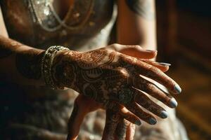 elegante novia alheña adornando mano y belleza foto