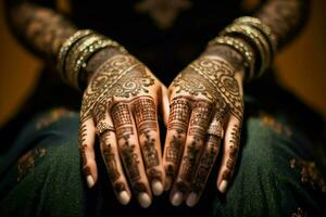 elegant bride henna adorning hand and beauty photo