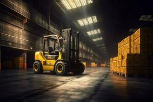 forklift transporting cargo container in distributi photo